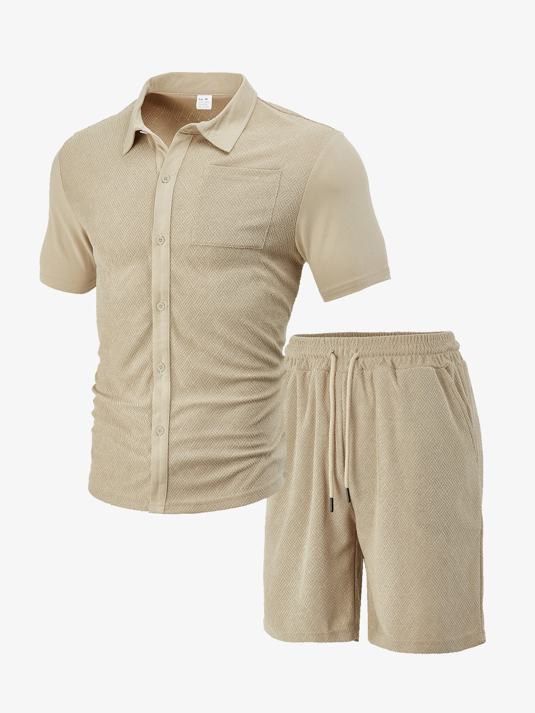 Men's buttoned leisure set with shirt collar herringbone structure chest pocket and drawstring shorts Mune Fashion