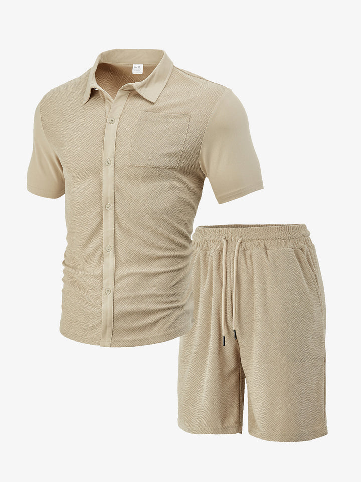 Men's buttoned leisure set with shirt collar herringbone structure chest pocket and drawstring shorts Mune Fashion
