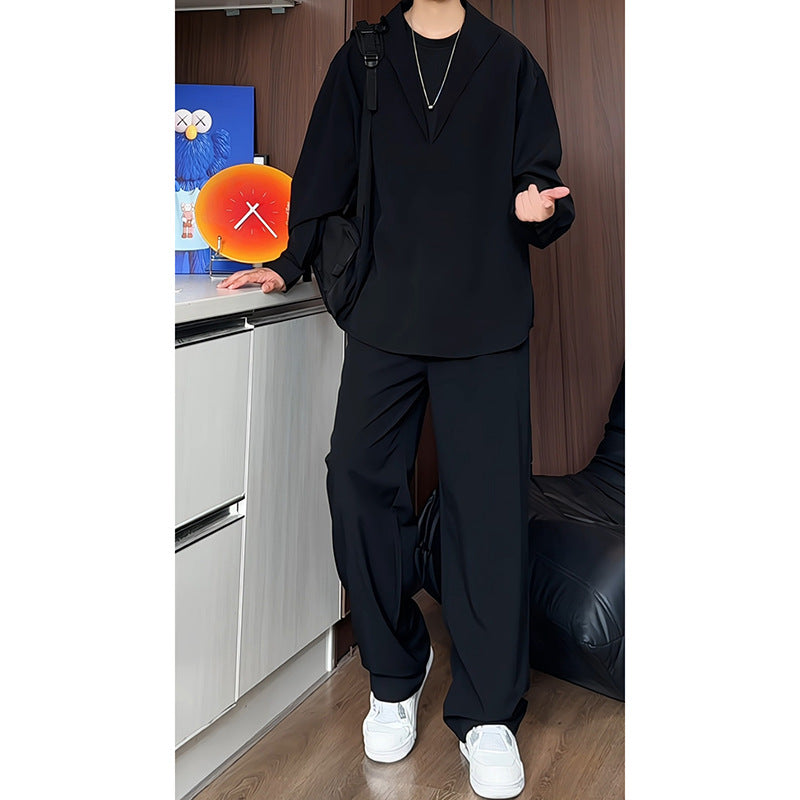 Men's loosely cut two-piece leisure set with deep V-neck overshirt and wide pleated trousers Mune Fashion