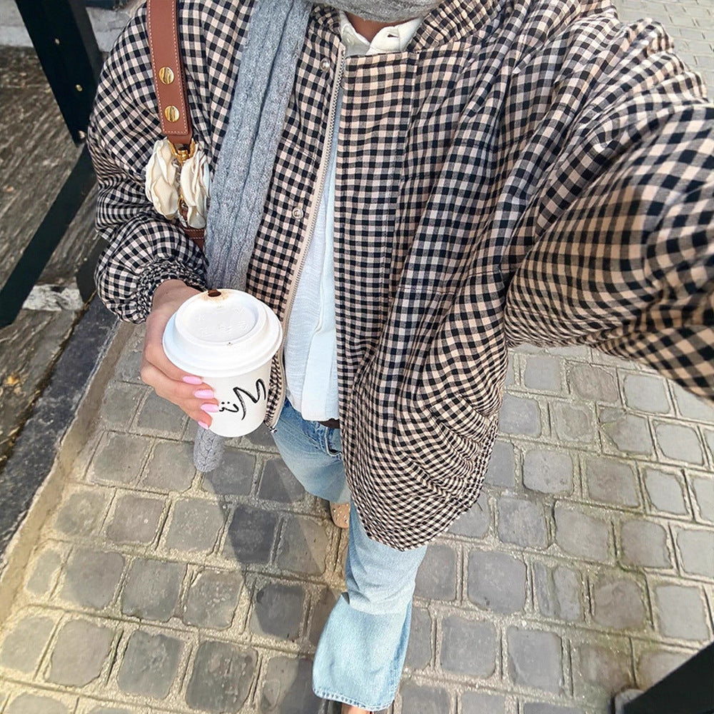 Women's Oversize Checked Bomber Jacket with Standing Collar and Concealed Snap Placket Mune Fashion