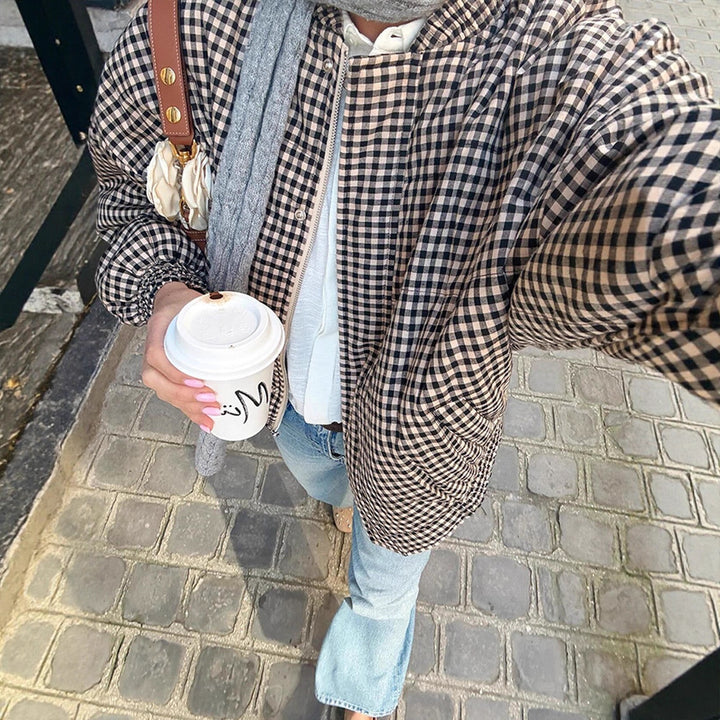 Women's Oversize Checked Bomber Jacket with Standing Collar and Concealed Snap Placket Mune Fashion