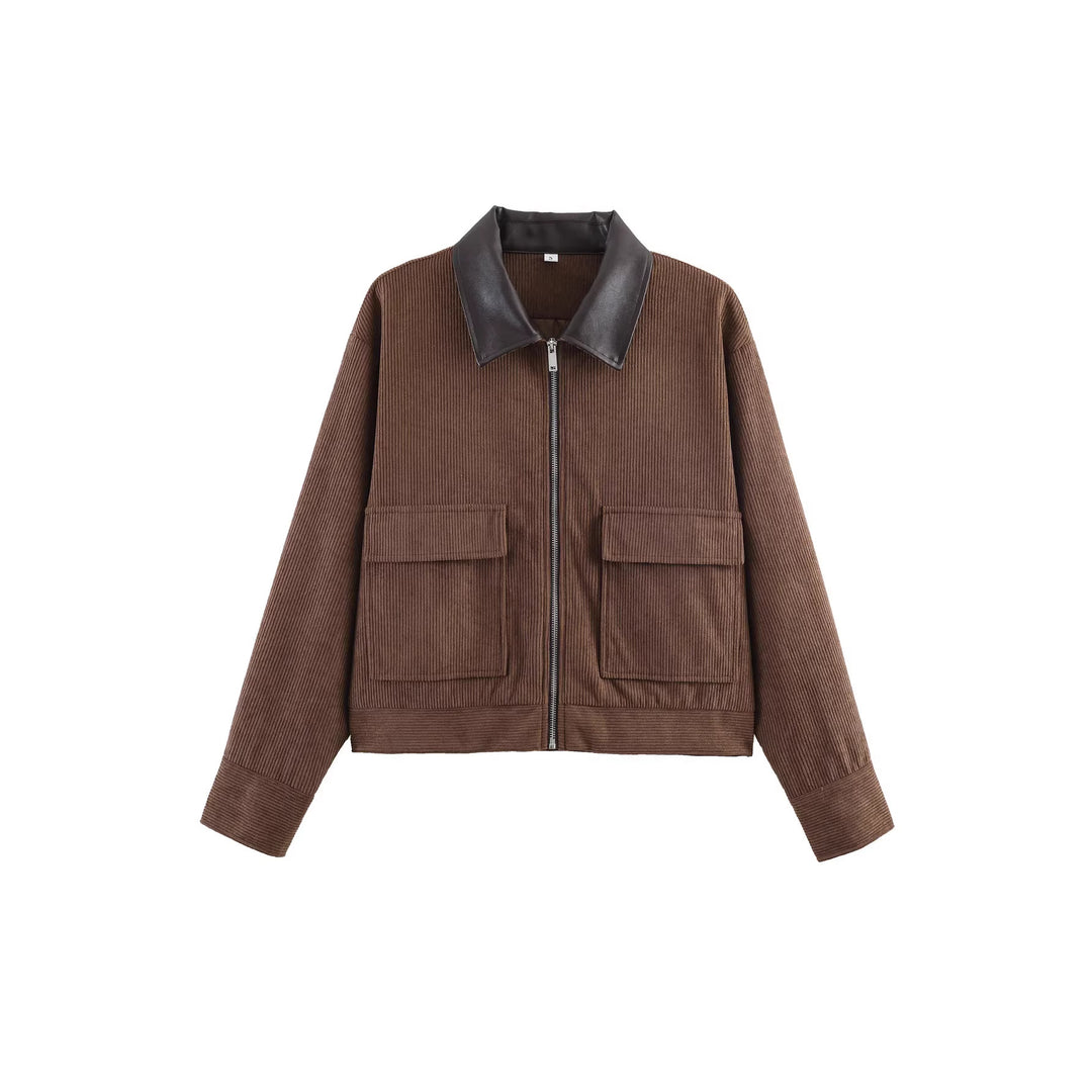 Women's cord jacket with leather collar, full-length zipper and flap pockets Mune Fashion