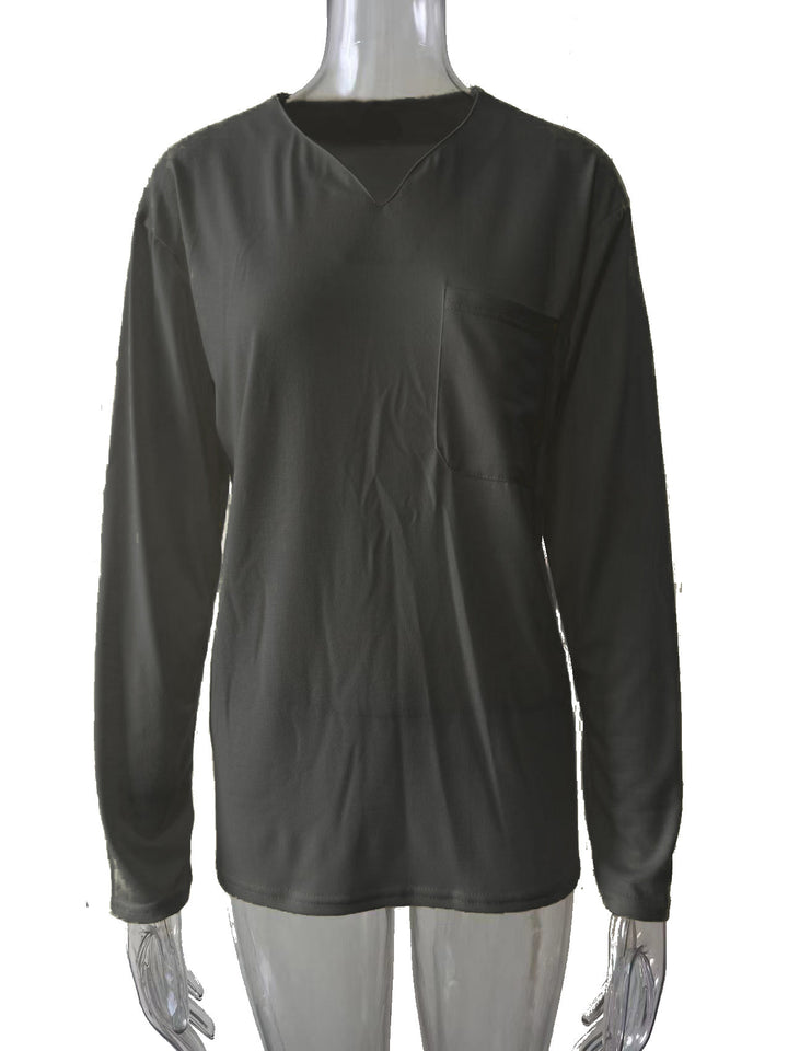Women nan legeres Long-sleeve shirt with V-notch neckline, chest pocket, and relaxed oversized fit Mune Fashion