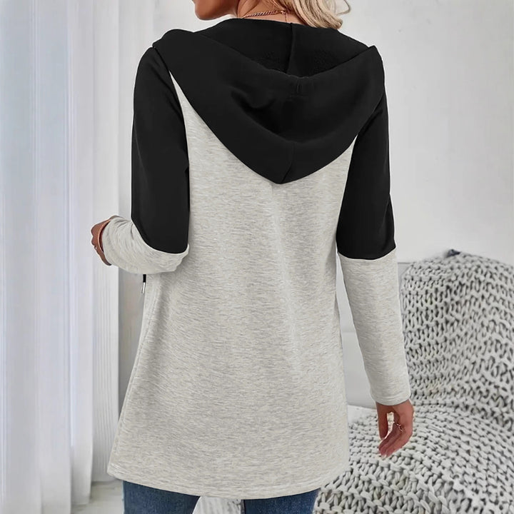 Women Longline Hooded Sweat Jacket with Color Block, Zip and Side Pockets Mune Fashion