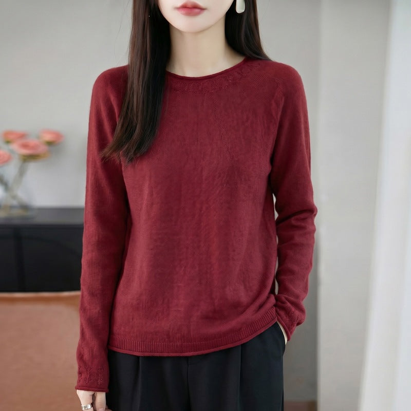 Women Lightweight Fine Knit Round Neck Sweater with Openwork Detail and Casual Silhouette Mune Fashion