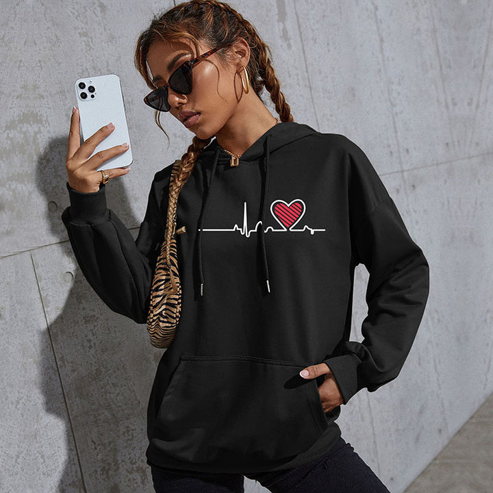 Women's Oversized Hoodie with Heart EKG Print and Kangaroo Pocket Mune Fashion