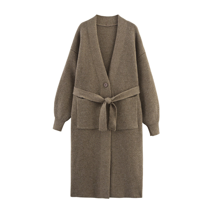 Women's Long Cardigan with Tie Belt, Patch Pockets and Deep V-Neck Mune Fashion