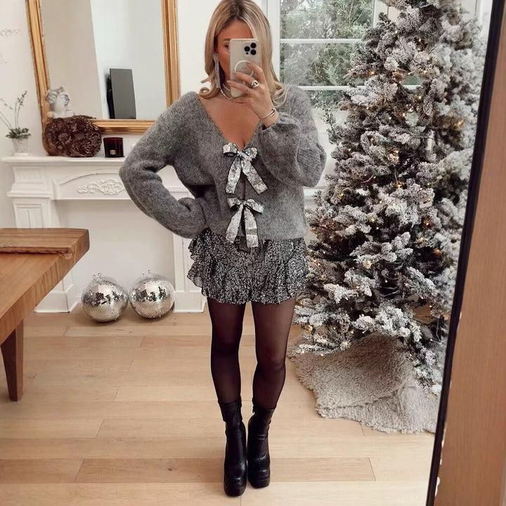 Women's Oversized Knit Cardigan with V-neck and Sequin Bows Mune Fashion