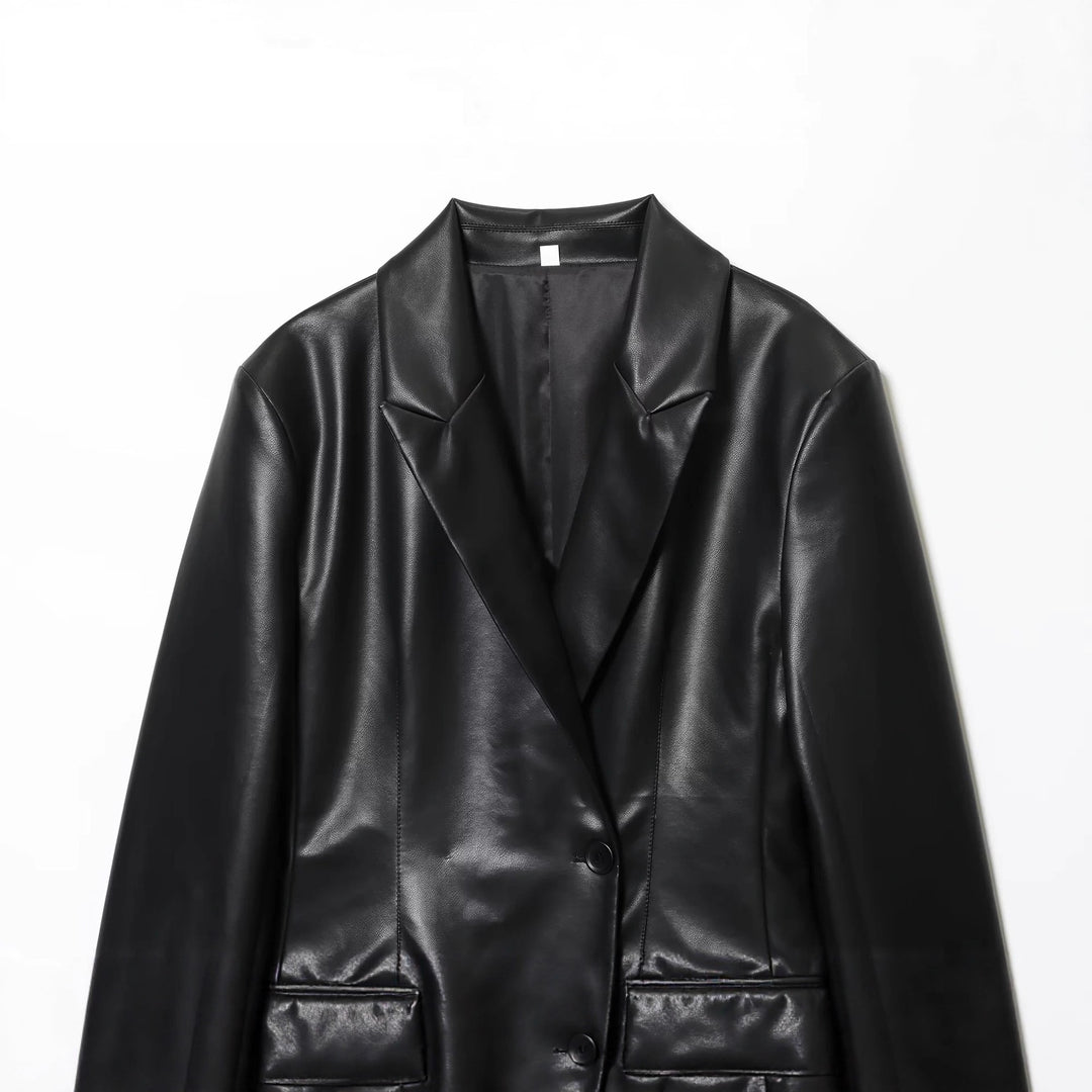 Women’s luxurious vegan blazer in leather look with slim silhouette, shawl collar and patch pockets Mune Fashion