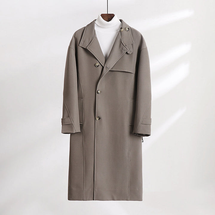 Men's Long-Cut Minimalist Trench Coat with Shawl Collar and Adjustable Sleeve Straps Mune Fashion
