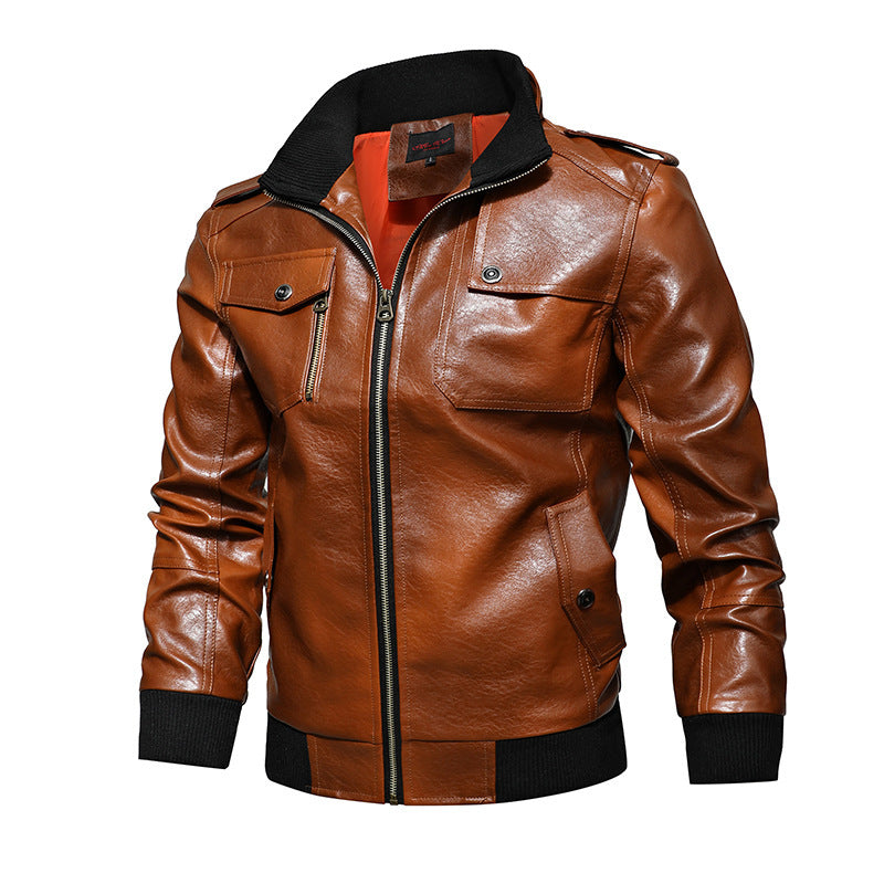 Men's leather pilot style jacket with zipper, shoulder epaulets, and ribbed cuffs Mune Fashion