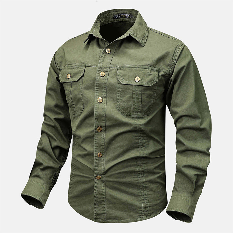 Men's rugged canvas shirt with double breast pockets and continuous button placket