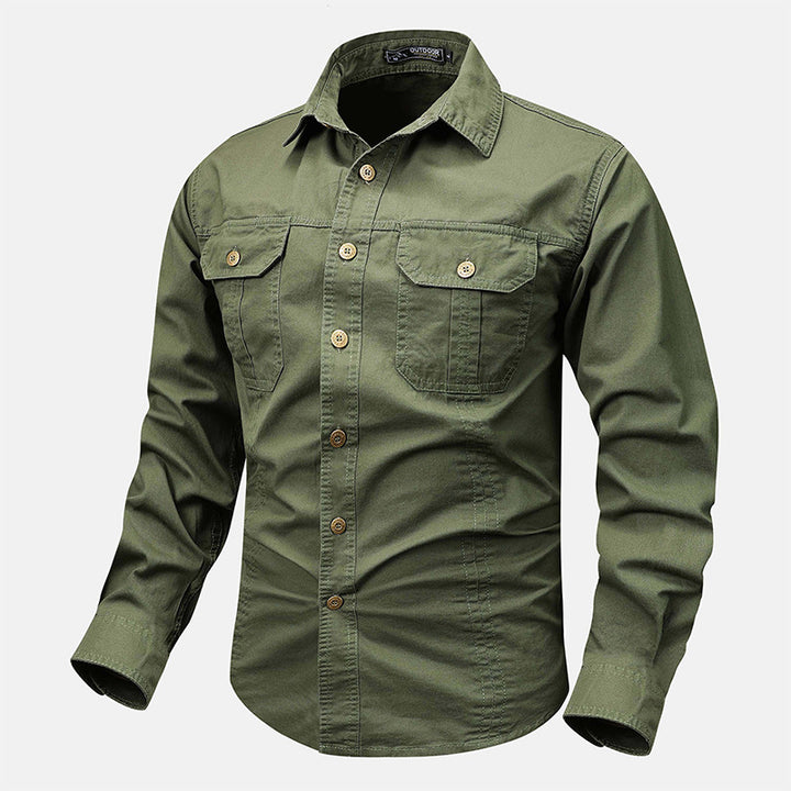Men's rugged canvas shirt with double breast pockets and continuous button placket