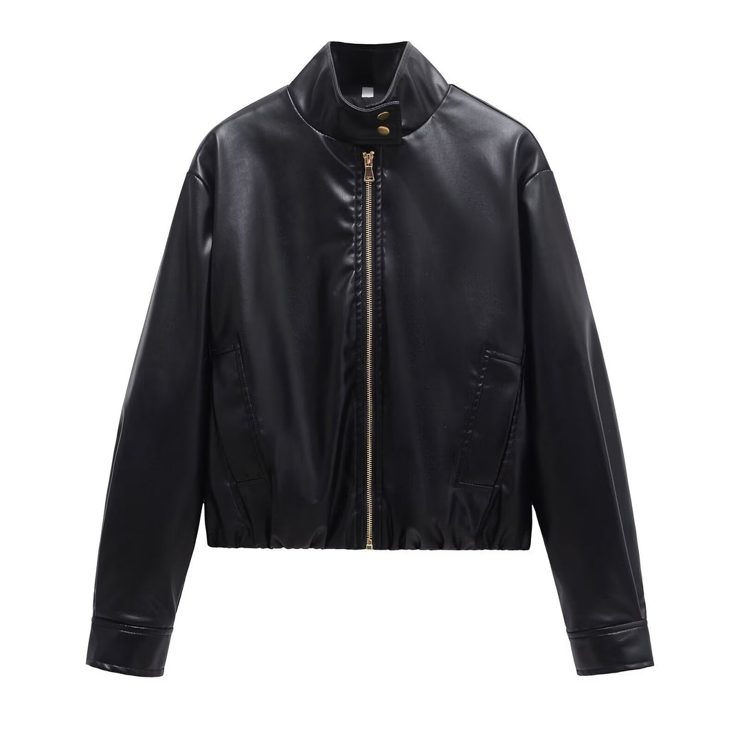 Ladies short cut faux leather bomber jacket with standing collar and zipper Mune Fashion
