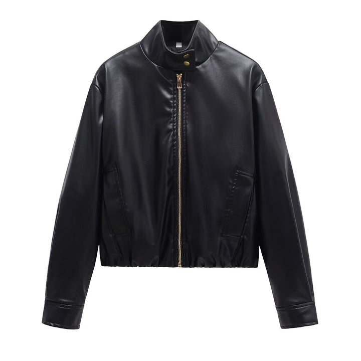 Ladies short cut faux leather bomber jacket with standing collar and zipper Mune Fashion
