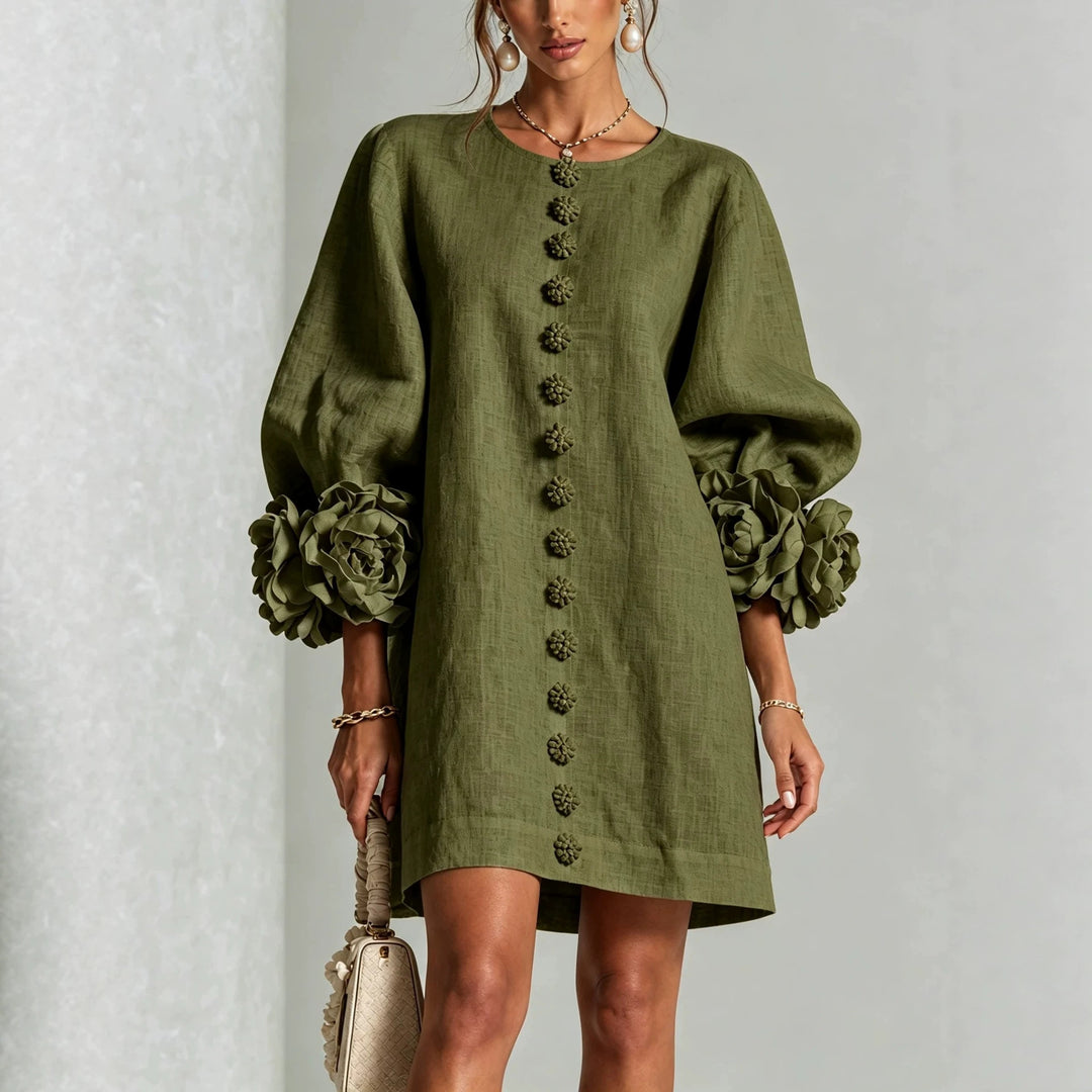 Ladies linen dress in A-line cut with balloon sleeves and 3D flower decoration Mune Fashion