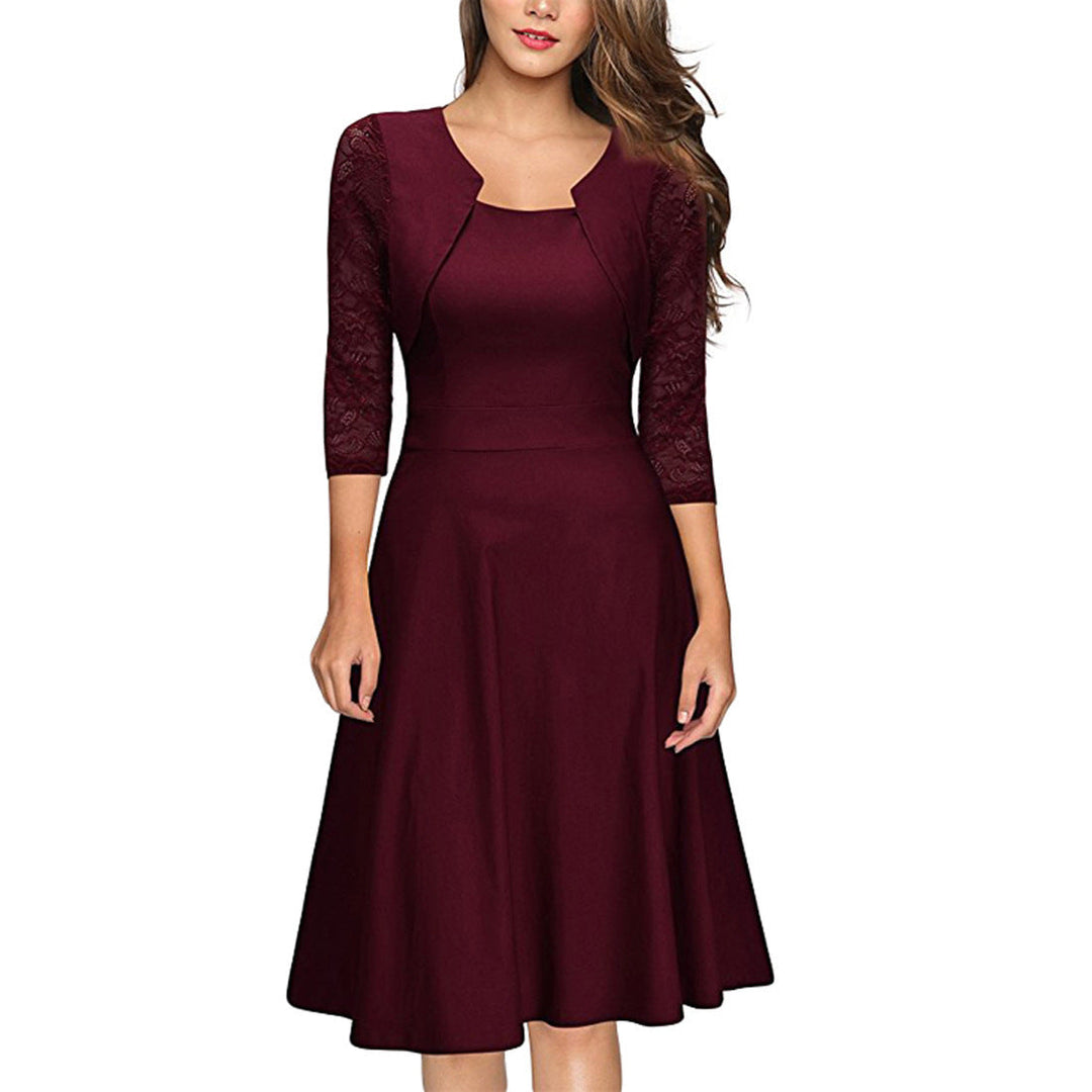Women's Midi Dress with Lace Sleeves and Flared Skirt Mune Fashion