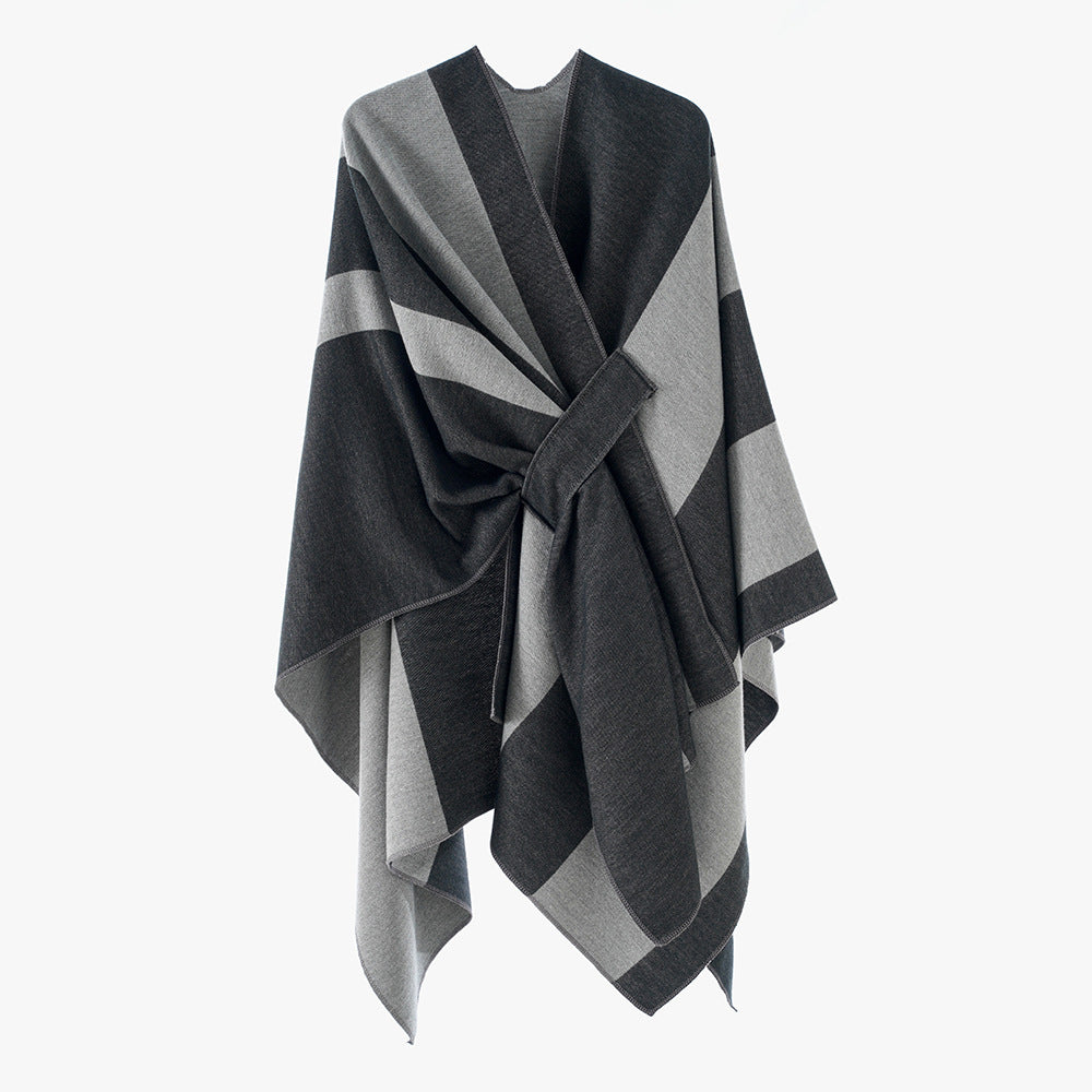 Women's Oversize Cape with Block Stripes and Tied Belt Mune Fashion