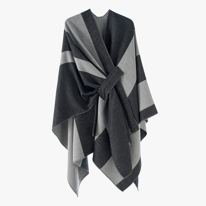Women's Oversize Cape with Block Stripes and Tied Belt Mune Fashion
