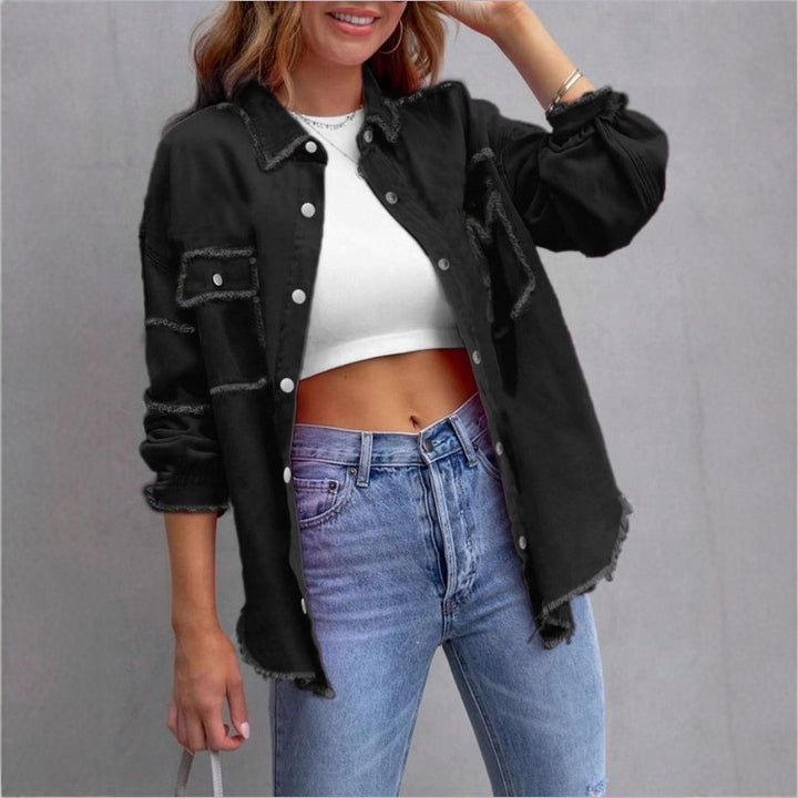 Women's Oversized Denim Utility Jacket with Frayed Edges and Flap Pockets Mune Fashion