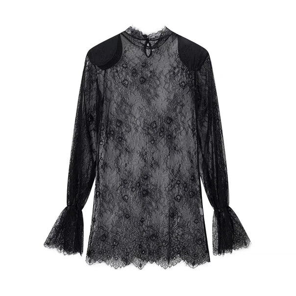 Ladies sheer lace blouse with stand-up collar, tie key and bell sleeves Mune Fashion
