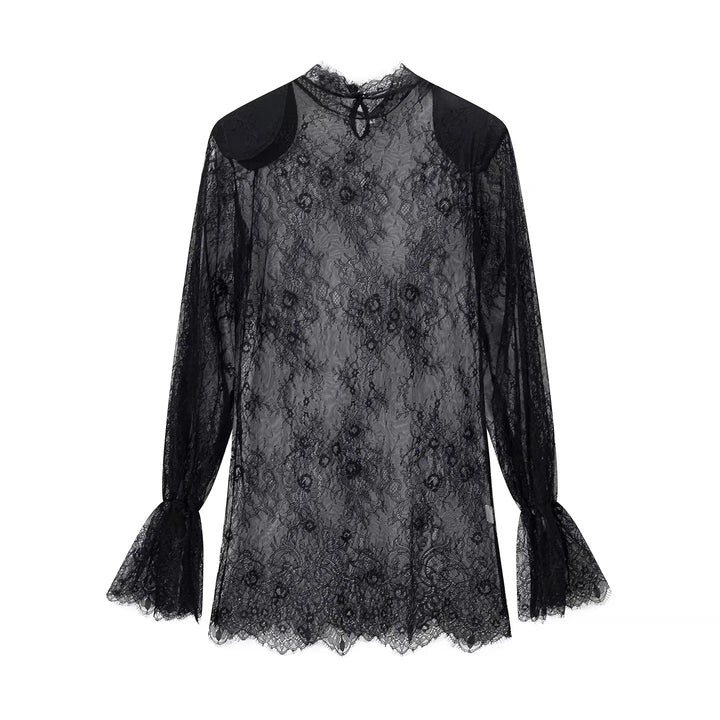 Ladies sheer lace blouse with stand-up collar, tie key and bell sleeves Mune Fashion