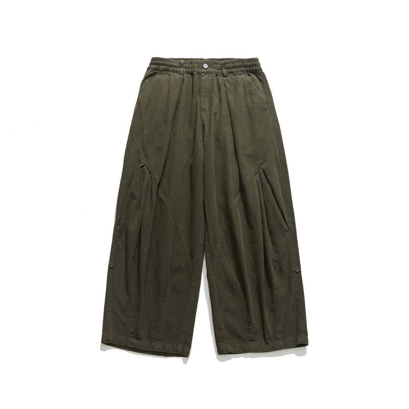 Men's Wide Cropped Canvas Pants in Utility Look with Elastic Waistband and Distinctive Pleats Mune Fashion