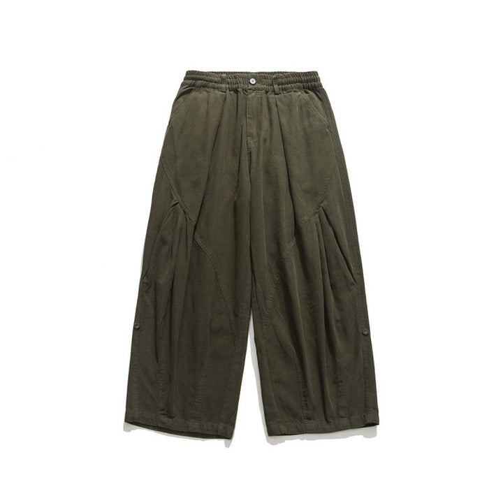 Men's Wide Cropped Canvas Pants in Utility Look with Elastic Waistband and Distinctive Pleats Mune Fashion