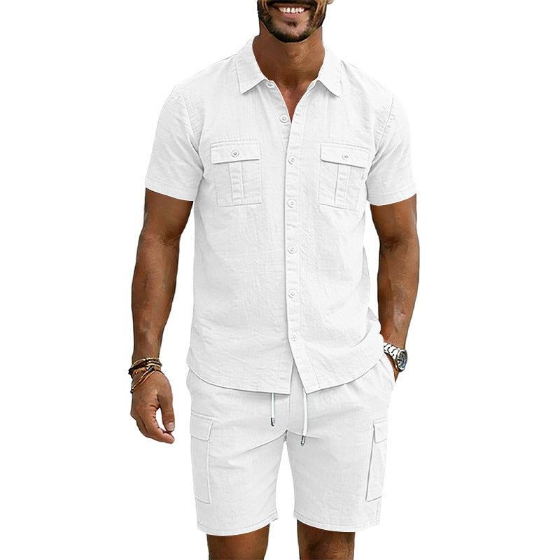 Men's summer short-sleeve shirt and cargo bermuda set made of linen blend with chest pockets and drawstring waistband Mune Fashion