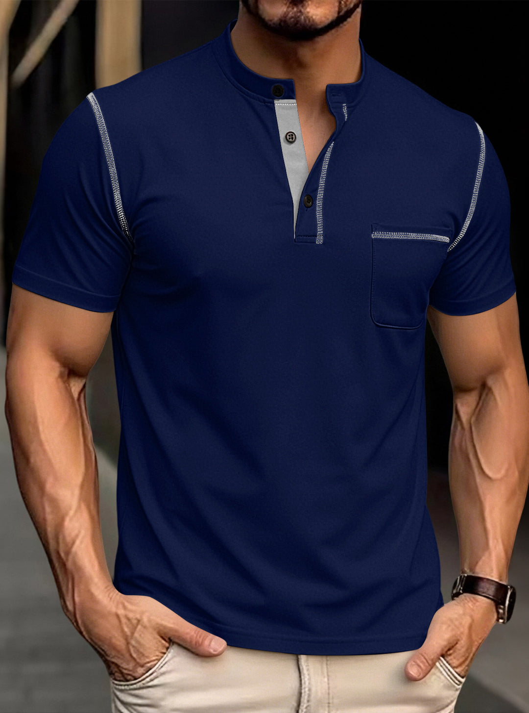 Men's modern short-sleeve Henley with stand collar, contrast stitching, and patch chest pocket Mune Fashion