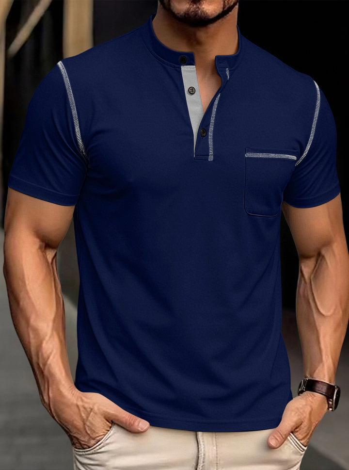 Men's modern short-sleeve Henley with stand collar, contrast stitching, and patch chest pocket Mune Fashion