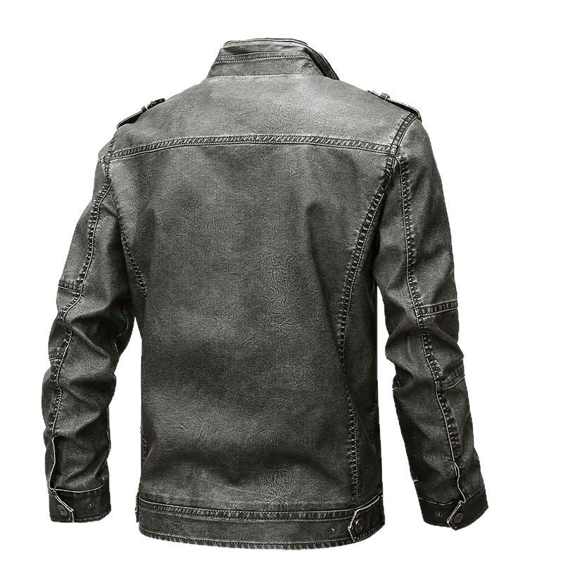 Men's vintage-inspired biker jacket in leather look with utility pockets and stand-up collar Mune Fashion