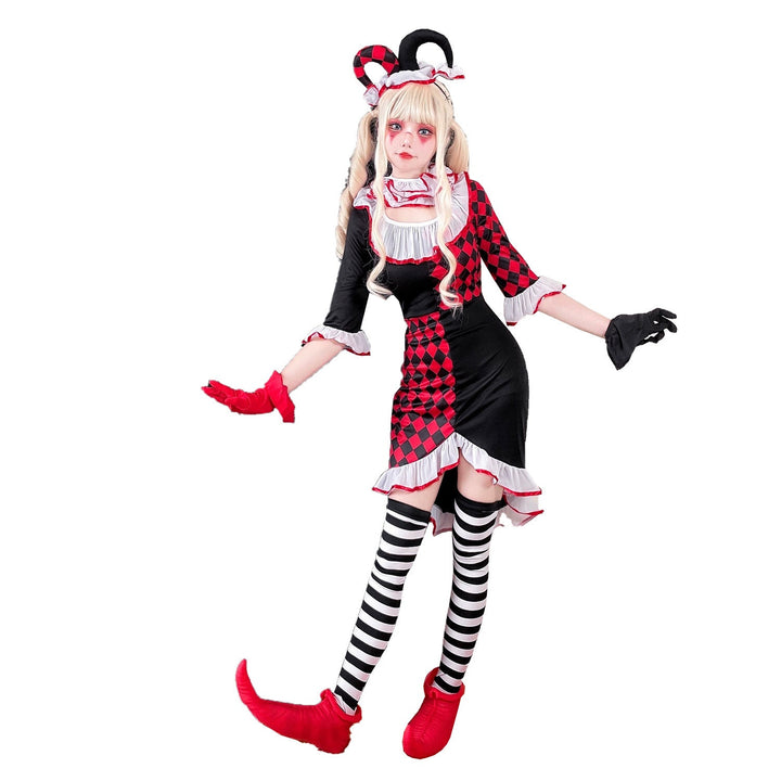 Girl clown costume with playful striped stockings and hat Mune Fashion