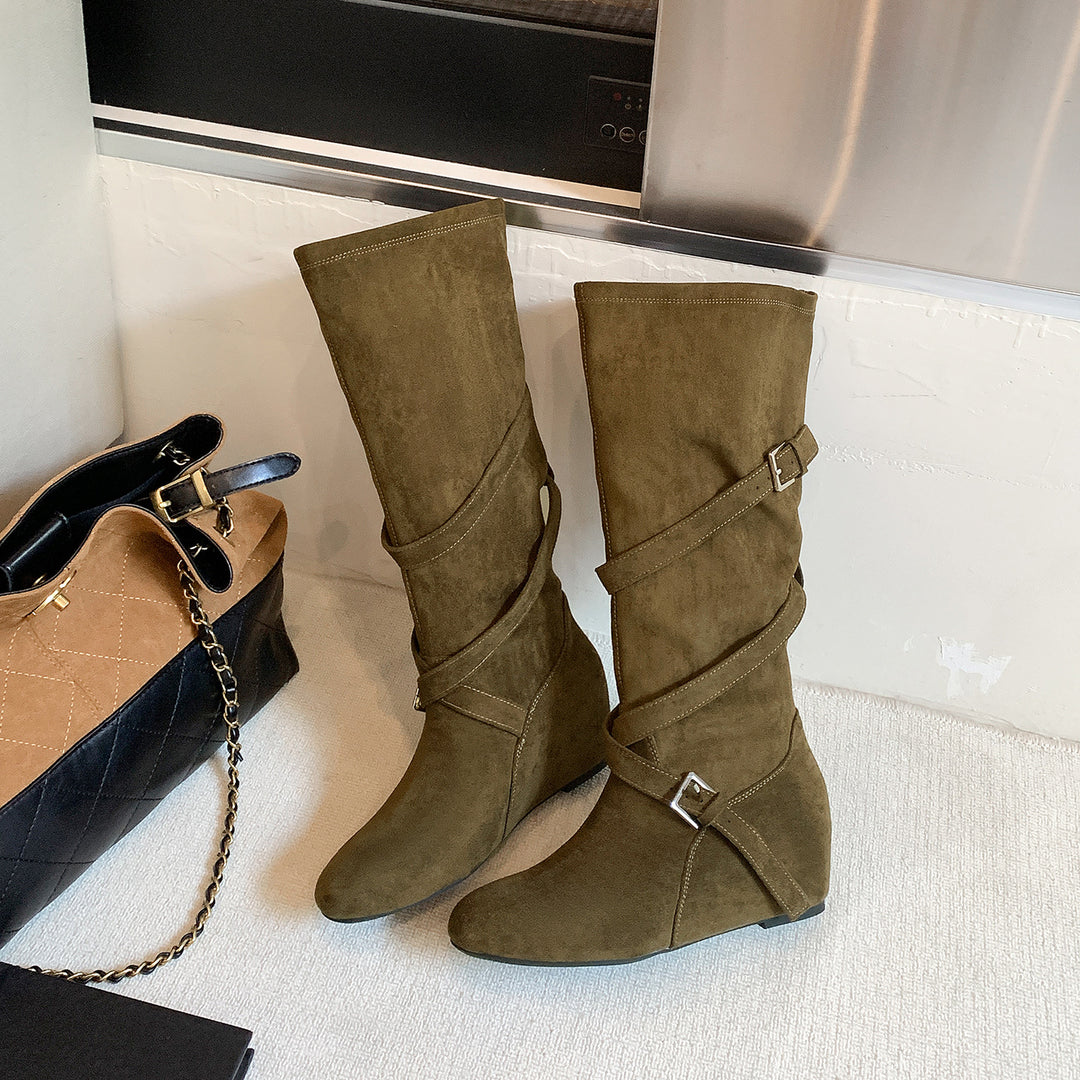 Women's Knee-High Suede Boots with Wrap Straps and Flat Wedge Heel Mune Fashion