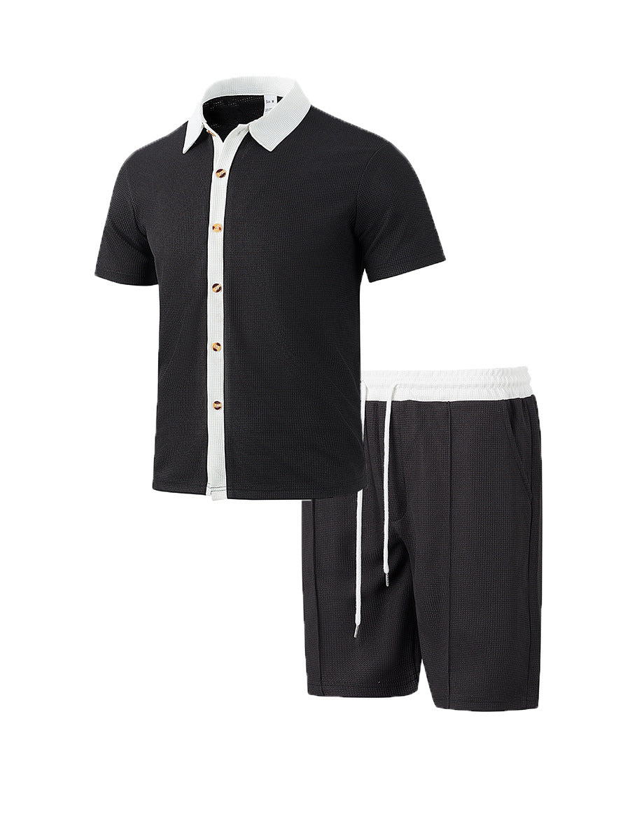 Men's modern leisure set made of fine textured jersey with shirt collar button placket and drawstring shorts Mune Fashion