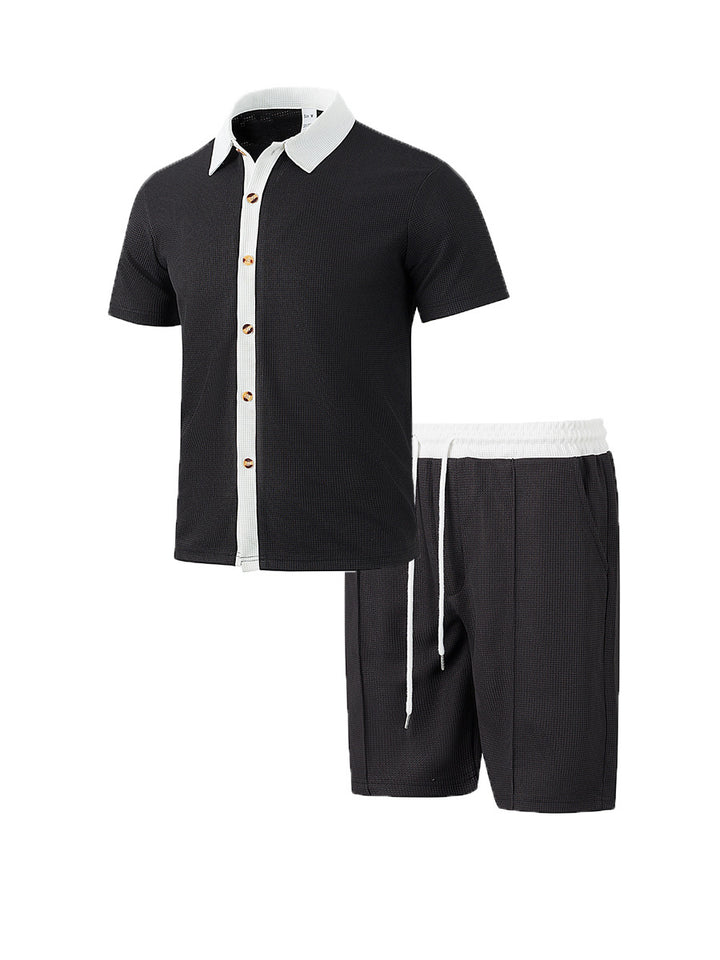 Men's modern leisure set made of fine textured jersey with shirt collar button placket and drawstring shorts Mune Fashion