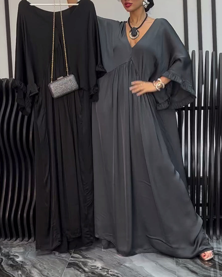 Women's satin look kaftan maxi dress with V-neck, gathered empire seam, and ruffled sleeves Mune Fashion