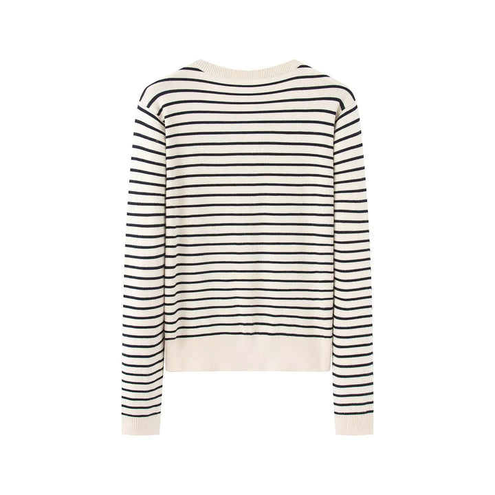 Women knitted striped fine knit cardigan with round neckline and full button placket Mune Fashion