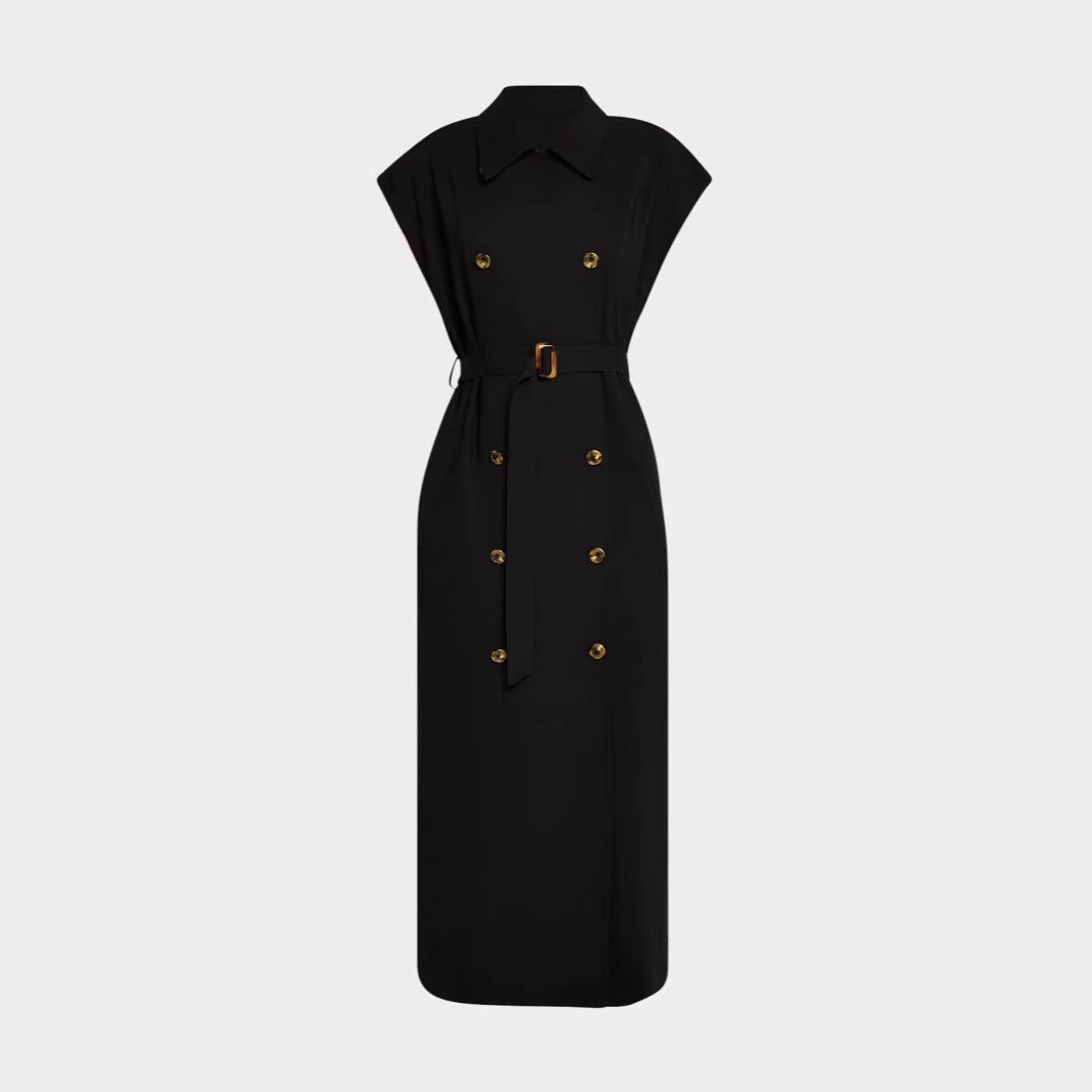 Women's Sleeveless Double-breasted Midi Dress with Trench Belt Mune Fashion