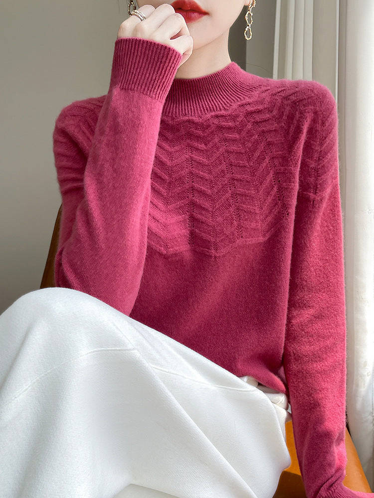 Women's Soft Fine Knit Mock Neck Sweater with Chevron Ajour and Cashmere Look Mune Fashion