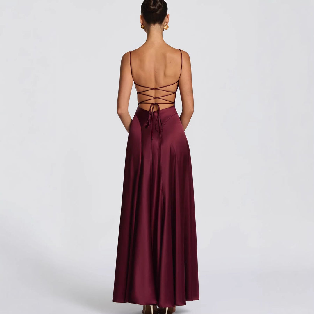 Ladies Elegant Maxi Dress with refined spaghetti straps and flowing satin Mune Fashion