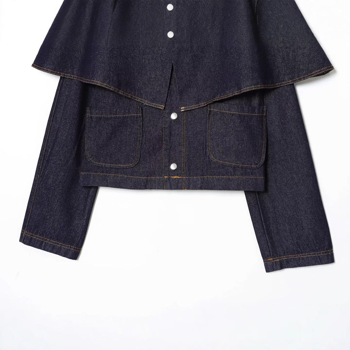 Women's Short Jeans Jacket with Cape Insert, Flap Pockets and Snap Buttons Mune Fashion