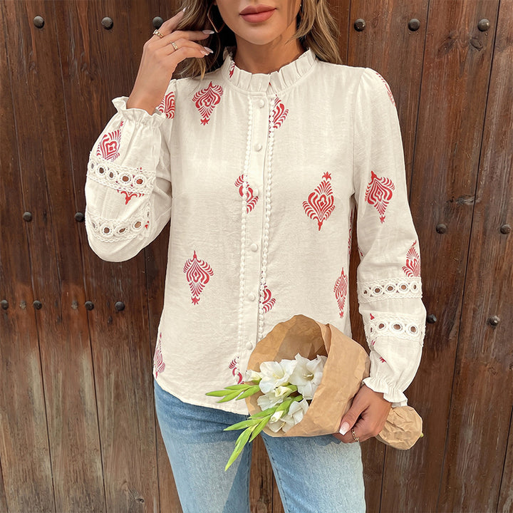 Women Patterned Blouse with Stand Collar, Decorative Button Placket and Crochet Trim on Sleeves Mune Fashion