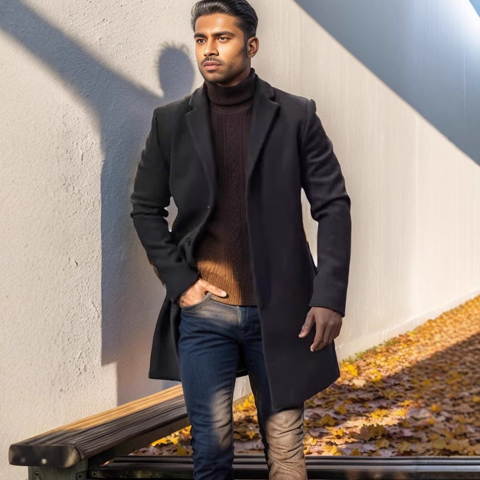 Men's medium-length wool blend coat with a slim silhouette and elegant button placket Mune Fashion