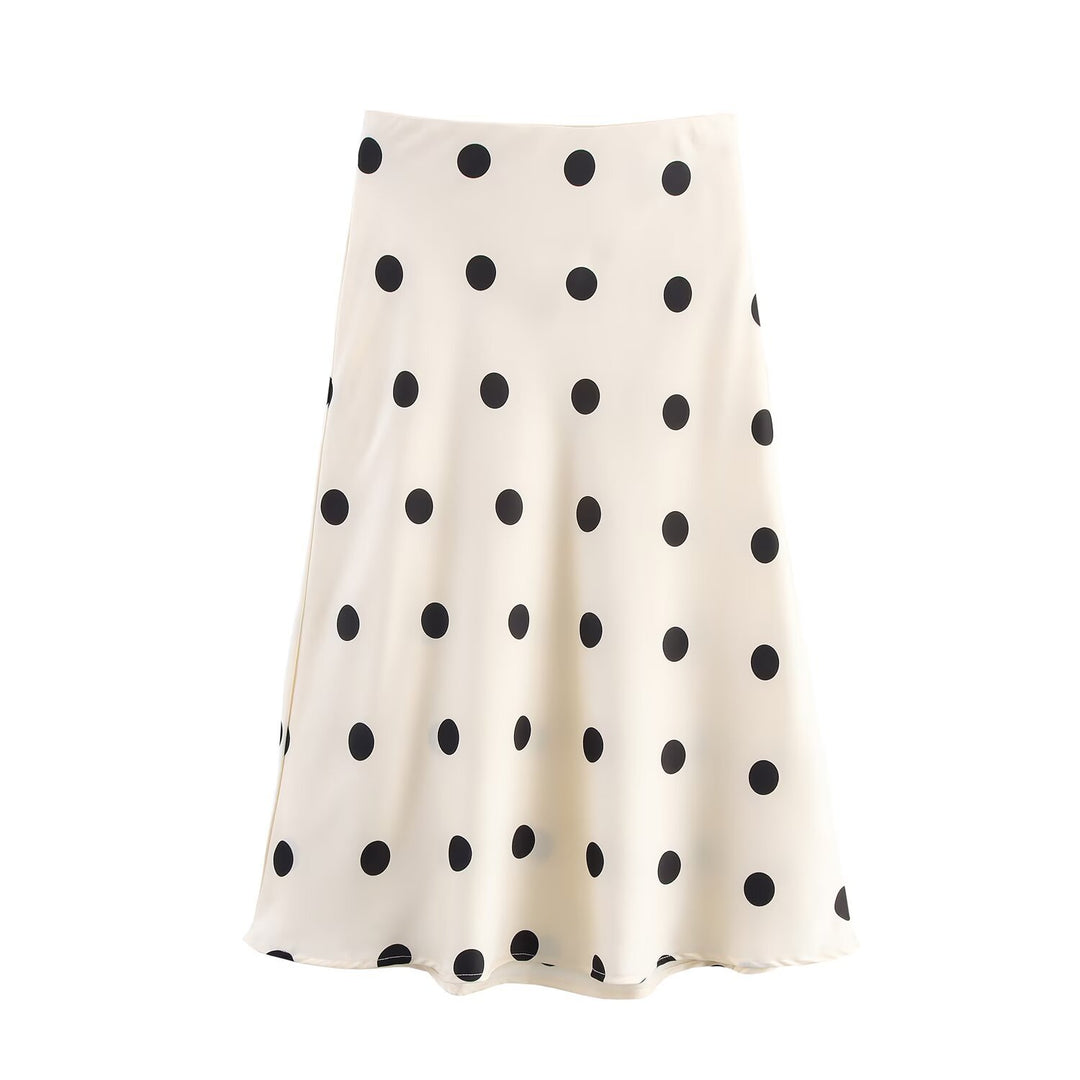 Women's A-line midi skirt made of satin with polka dot print and flowing silhouette Mune Fashion