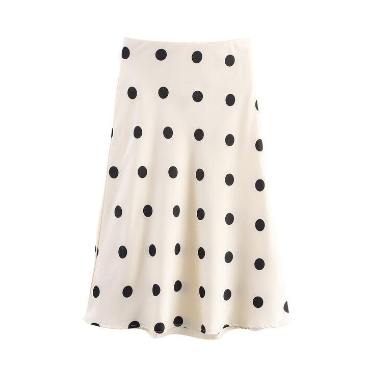 Women's A-line midi skirt made of satin with polka dot print and flowing silhouette Mune Fashion