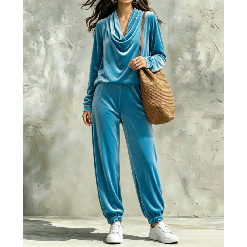 Women's Velvet Lounge Set with Waterfall Collar and Jogger Pants Mune Fashion
