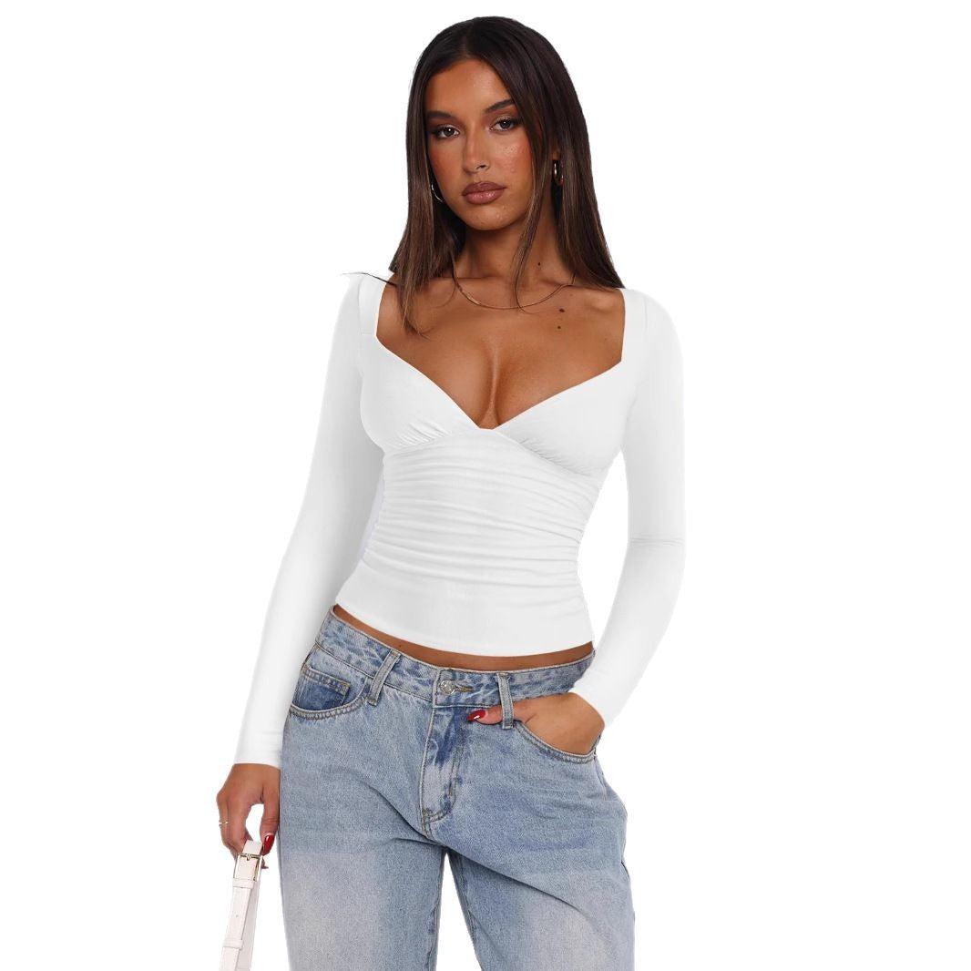 Women Fitted Long-Sleeve Top with V-Neckline and Gathers Mune