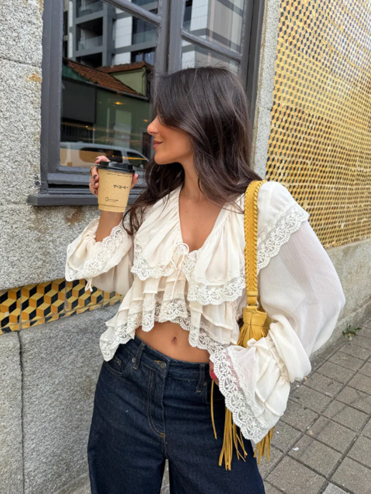 Women's Ruffled Lace Crop Top Blouse with Ruffles and V-Neck Mune Fashion