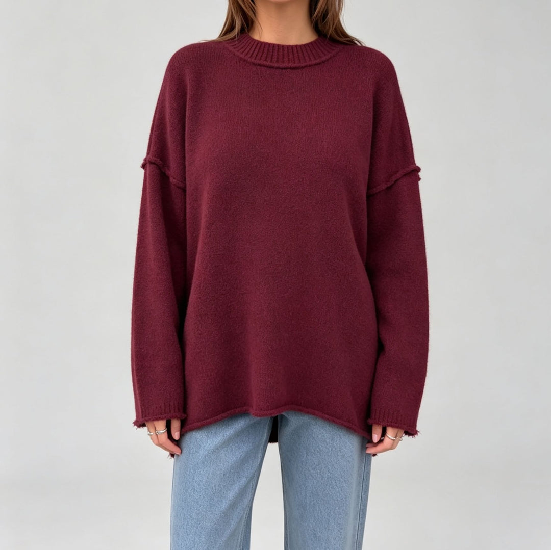 Women Oversize Boxy Sweater with short stand-up collar and decorative edge seam Mune Fashion